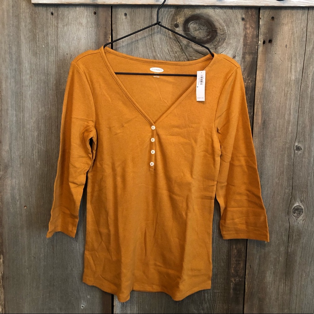 Old Navy Brown Orange Long Sleeve Slim Fit Ribbed Elbow Length V-neck Top Medium